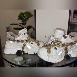 Gucci White Sneakers with Gold Accents